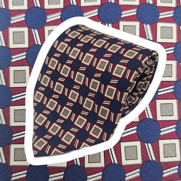 Robert Talbott Tie Mens Navy Blue Foulard Geometric Burgundy All Silk 59" USA - Picture 1 of 6